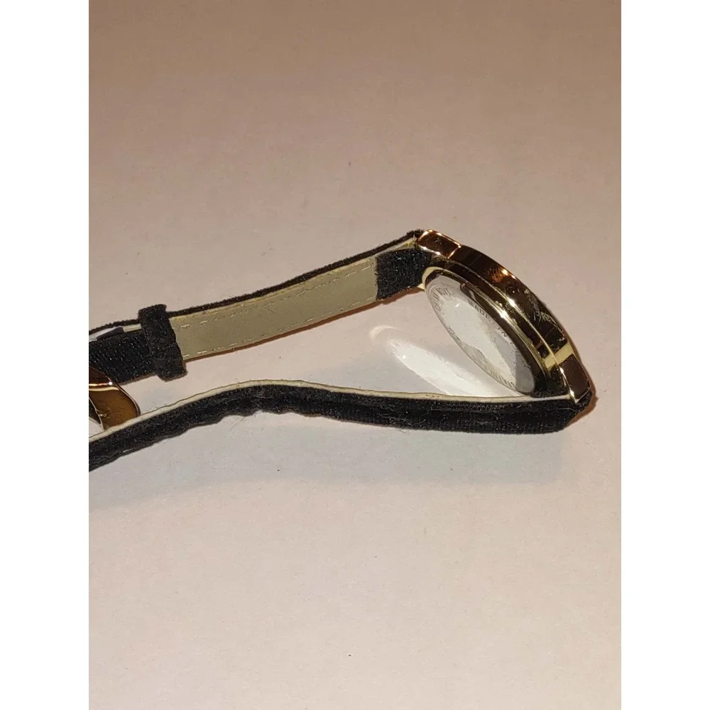 Trelu Womens Gold Tone Watch Faux Mother of Pearl Dial Crystal Bezel Blk Velvet